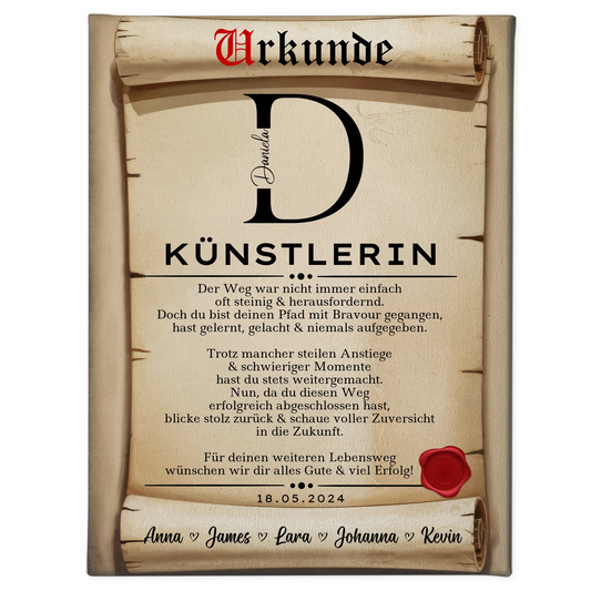 Geschenk Abschluss Ausbildung Künstlerin Leinwand Urkunde 1
