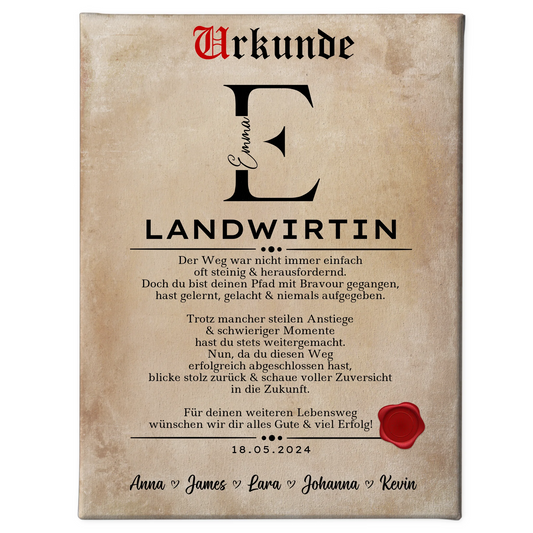 Ausbildungsabschluss Geschenk Landwirtin Leinwand Urkunde 1