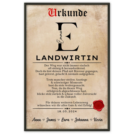 Ausbildungsabschluss Geschenk Landwirtin Poster Urkunde