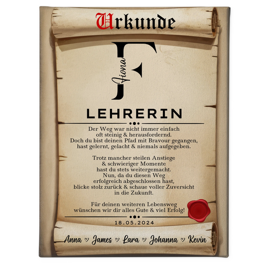 Geschenk Zum Abschluss Ausbildung Lehrerin Leinwand Urkunde 1