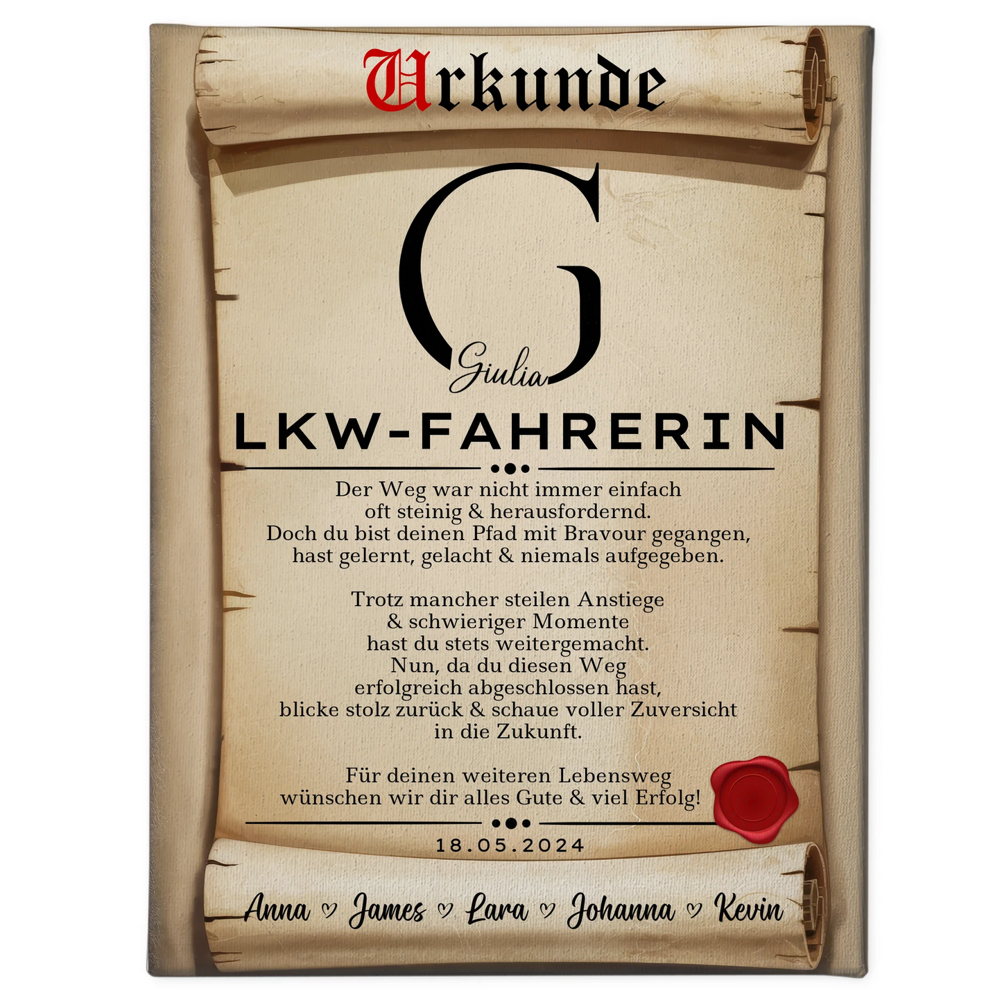 Geschenk Abschluss Ausbildung LKW-Fahrerin Leinwand Urkunde 1