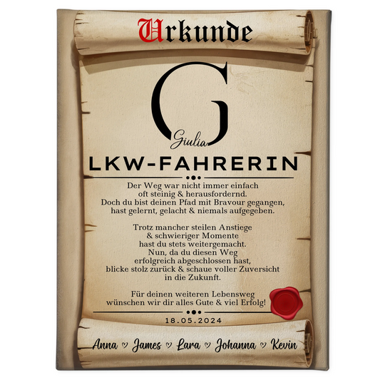 Geschenk Abschluss Ausbildung LKW-Fahrerin Leinwand Urkunde 1
