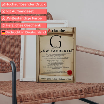 Geschenk Abschluss Ausbildung LKW-Fahrerin Leinwand Urkunde 5