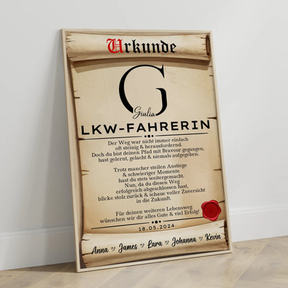 Geschenk Abschluss Ausbildung LKW Fahrerin Poster Urkunde