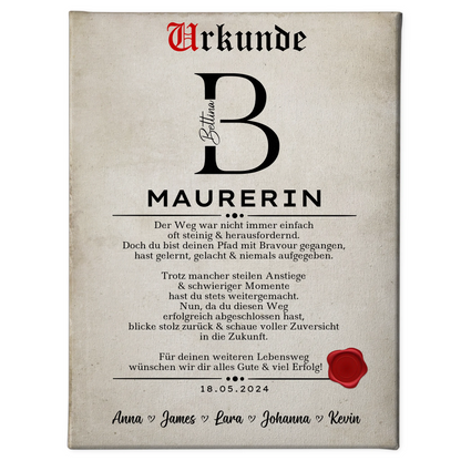 Geschenk Zum Abschluss Ausbildung Maurerin Leinwand Urkunde 1