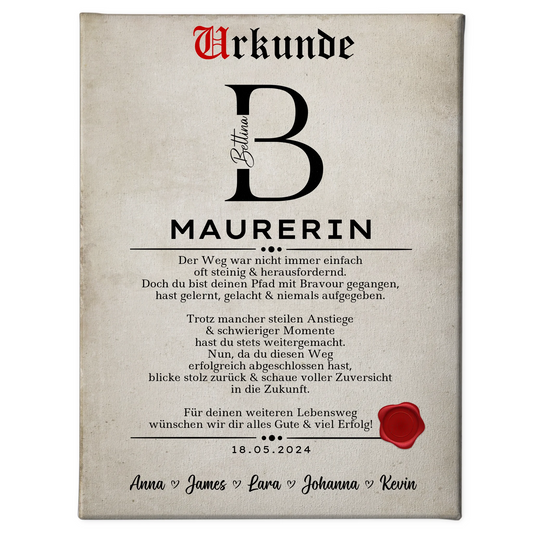 Geschenk Zum Abschluss Ausbildung Maurerin Leinwand Urkunde 1