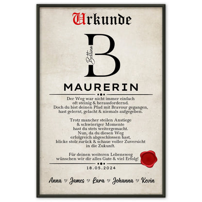 Geschenk Zum Abschluss Ausbildung Maurerin Poster Urkunde