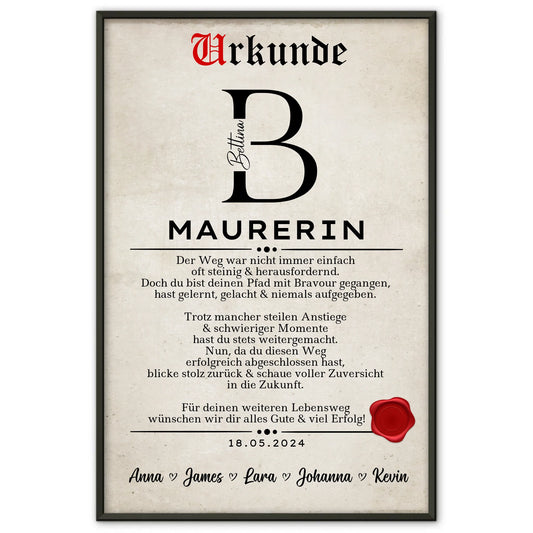 Geschenk Zum Abschluss Ausbildung Maurerin Poster Urkunde