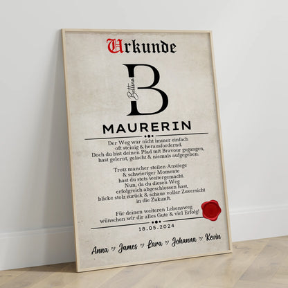 Geschenk Zum Abschluss Ausbildung Maurerin Poster Urkunde