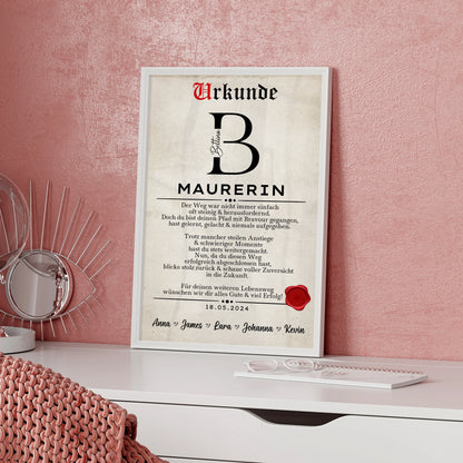 Geschenk Zum Abschluss Ausbildung Maurerin Poster Urkunde