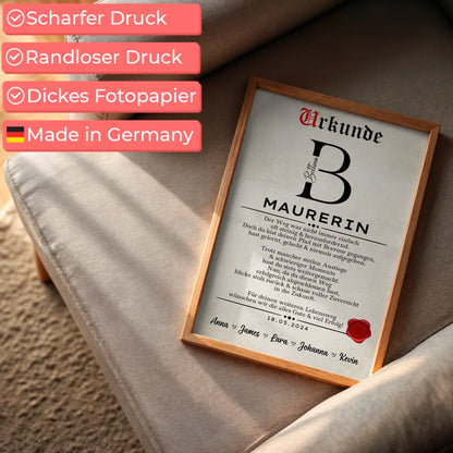 Geschenk Zum Abschluss Ausbildung Maurerin Poster Urkunde