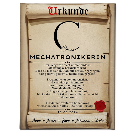 Geschenk Abschluss Ausbildung Mechatronikerin Leinwand Urkunde 1