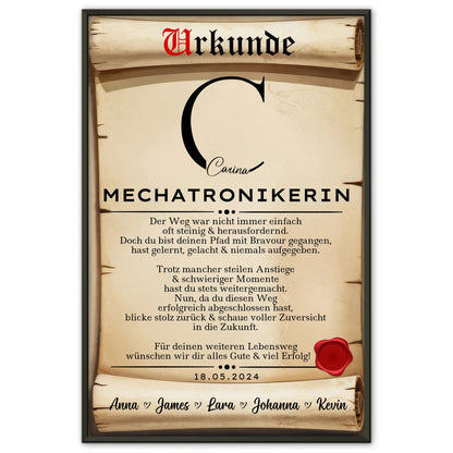 Geschenk Abschluss Ausbildung Mechatronikerin Poster Urkunde