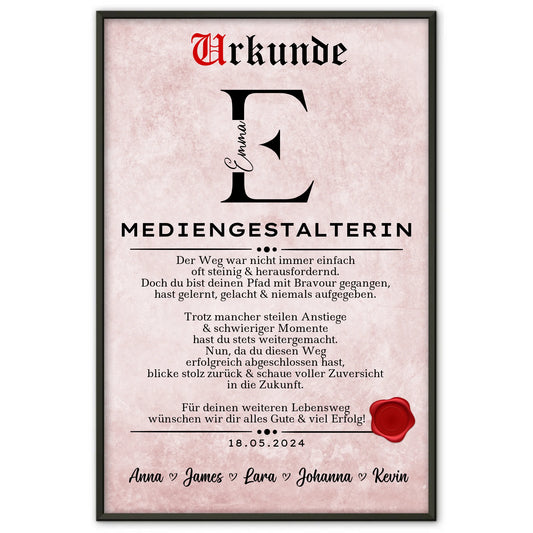 Geschenk Zum Abschluss Ausbildung Mediengestalterin Poster Urkunde Personalisiert