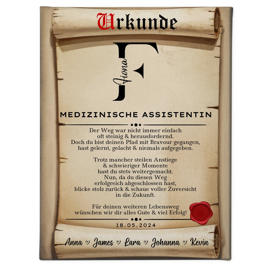 Geschenk Abschluss Ausbildung Medizinische Assistentin Leinwand Urkunde 1