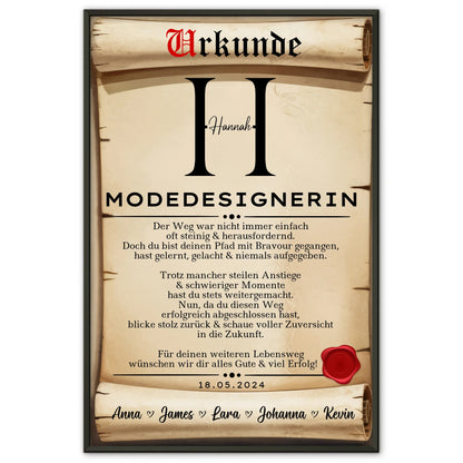 Geschenk Zum Abschluss Ausbildung Modedesignerin Poster Urkunde Personalisiert
