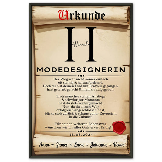Geschenk Zum Abschluss Ausbildung Modedesignerin Poster Urkunde Personalisiert