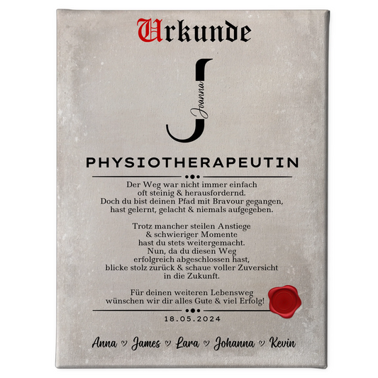 Ausbildungsabschluss Geschenk Physiotherapeutin Leinwand Urkunde 1