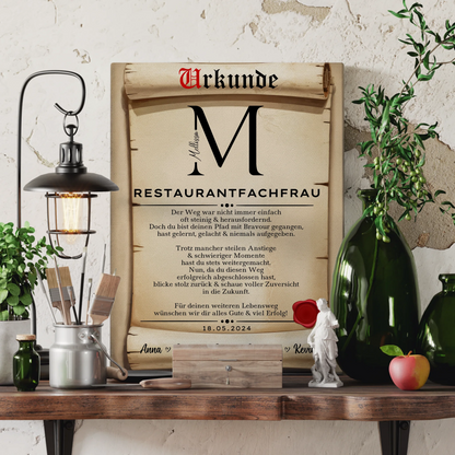 Ausbildungsabschluss Geschenk Restaurantfachfrau Leinwand Urkunde 3