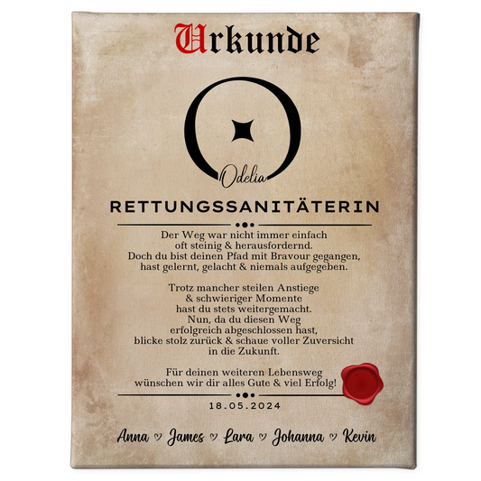 Geschenk Zum Abschluss Ausbildung Rettungssanitäterin Leinwand Urkunde 1