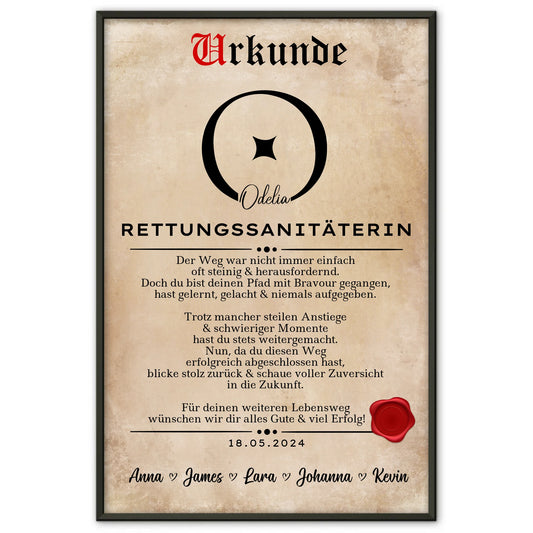 Geschenk Zum Abschluss Ausbildung Rettungssanitäterin Poster Urkunde