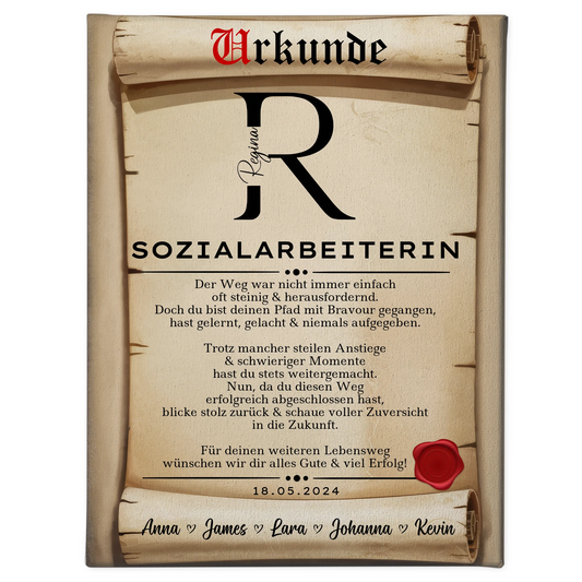 Ausbildungsabschluss Geschenk Sozialarbeiterin Leinwand Urkunde 1