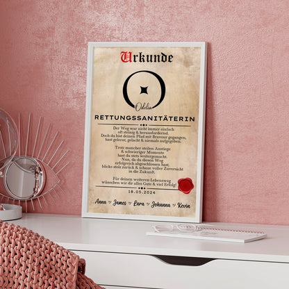 Geschenk Zum Abschluss Ausbildung Rettungssanitäterin Poster Urkunde