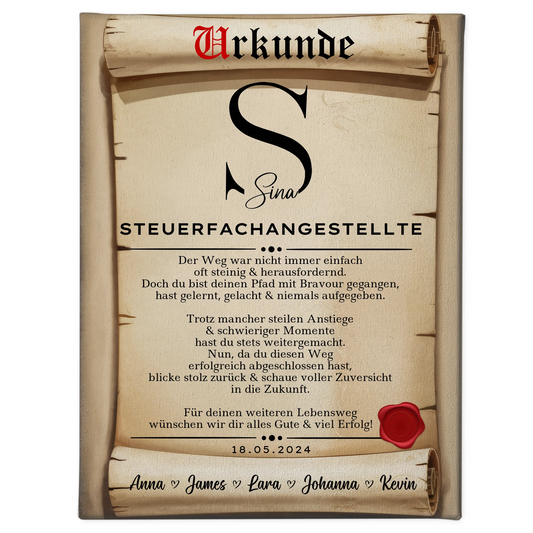 Geschenk Zum Abschluss Ausbildung Steuerfachangestellte Leinwand Urkunde 1
