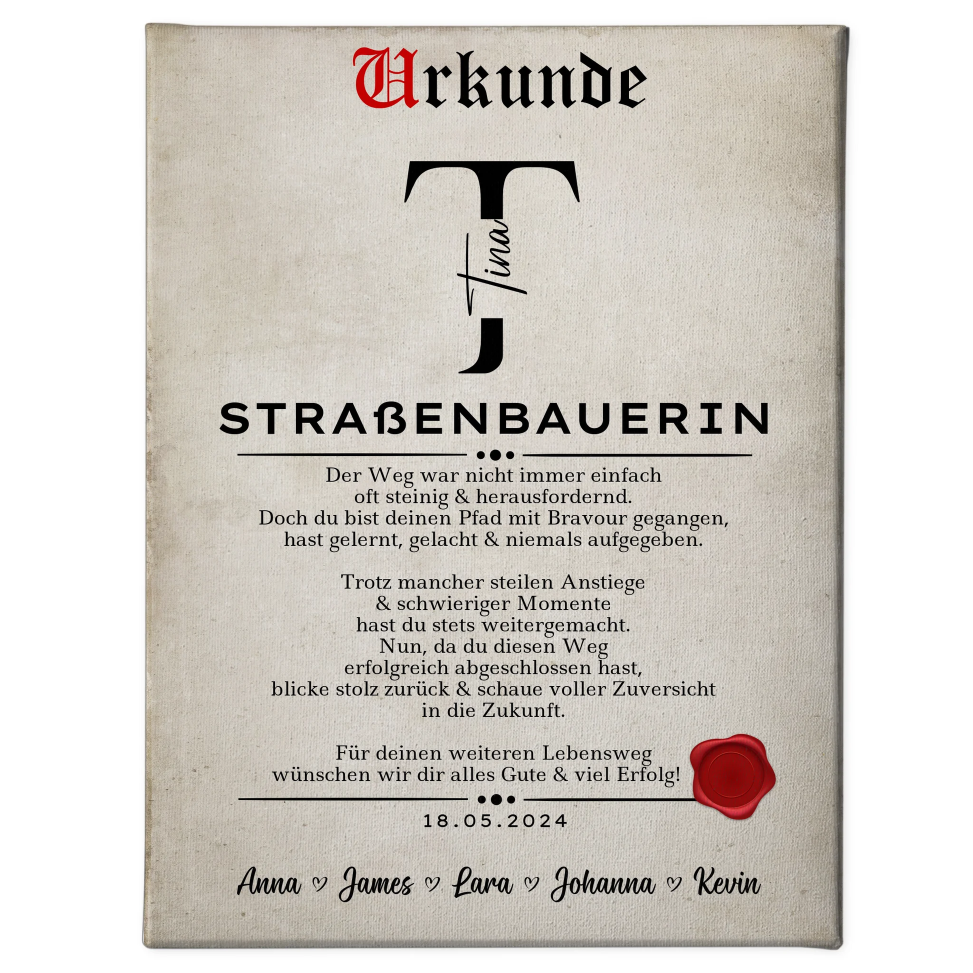 Geschenk Abschluss Ausbildung Straßenbauerin Leinwand Urkunde 1