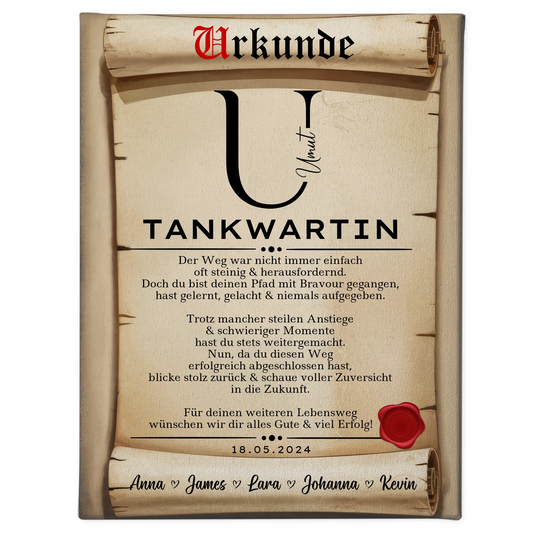 Ausbildungsabschluss Geschenk Tankwartin Leinwand Urkunde 1