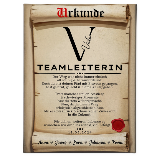 Geschenk Zum Abschluss Ausbildung Teamleiterin Leinwand Urkunde 1