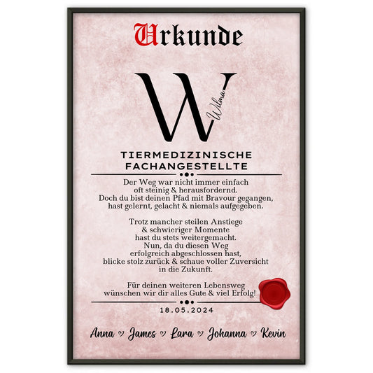 Geschenk Abschluss Ausbildung Tiermedizinische Fachangestellte Poster Urkunde personalisiert