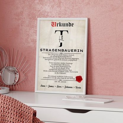 Geschenk Abschluss Ausbildung Straßenbauerin Poster Urkunde