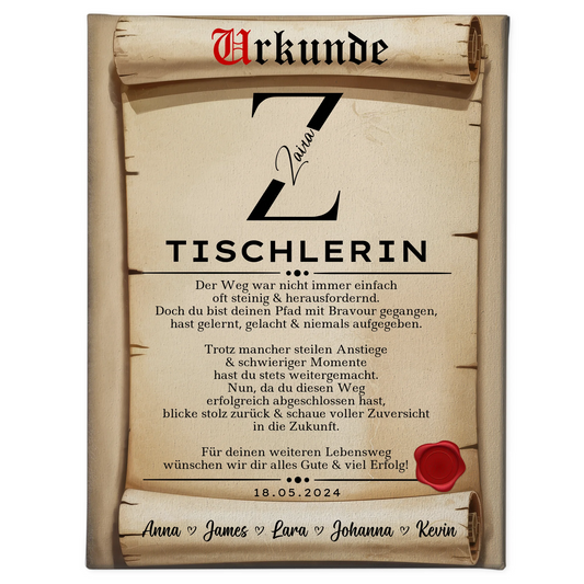 Ausbildungsabschluss Geschenk Tischlerin Leinwand Urkunde 1