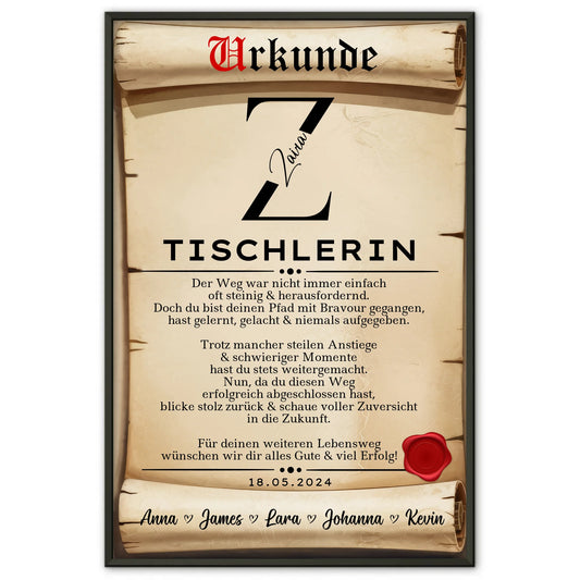 Ausbildungsabschluss Geschenk Tischlerin Poster Urkunde