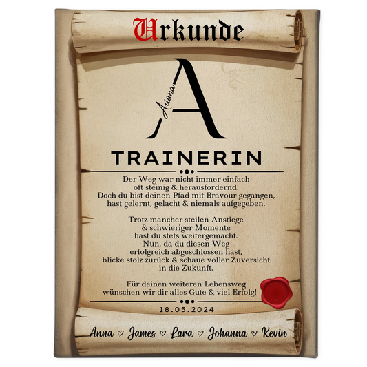 Geschenk Zum Abschluss Ausbildung Trainerin Leinwand Urkunde 1