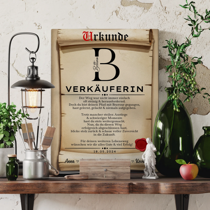 Geschenk Abschluss Ausbildung Verkäuferin Leinwand Urkunde 3