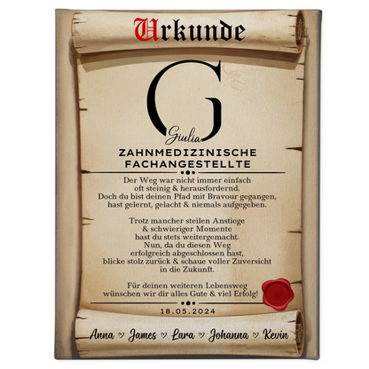 Geschenk Zum Abschluss Ausbildung Zahnmedizinische Fachangestellte Leinwand Urkunde 1