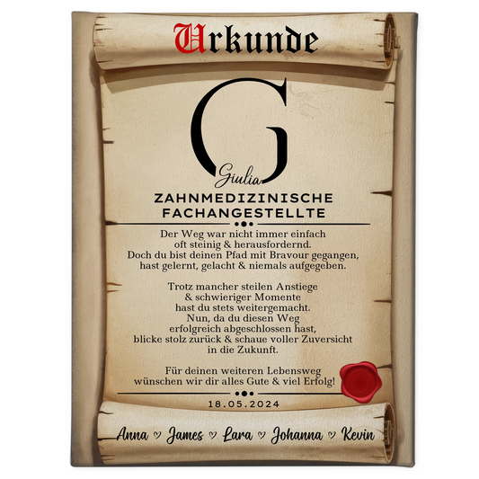 Geschenk Zum Abschluss Ausbildung Zahnmedizinische Fachangestellte Leinwand Urkunde 1