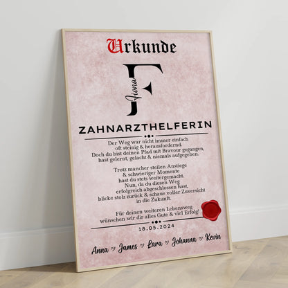 Personalisiertes Ausbildungsabschluss Geschenk Zahnarzthelferin Poster Urkunde