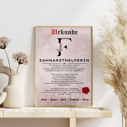 Personalisiertes Ausbildungsabschluss Geschenk Zahnarzthelferin Poster Urkunde