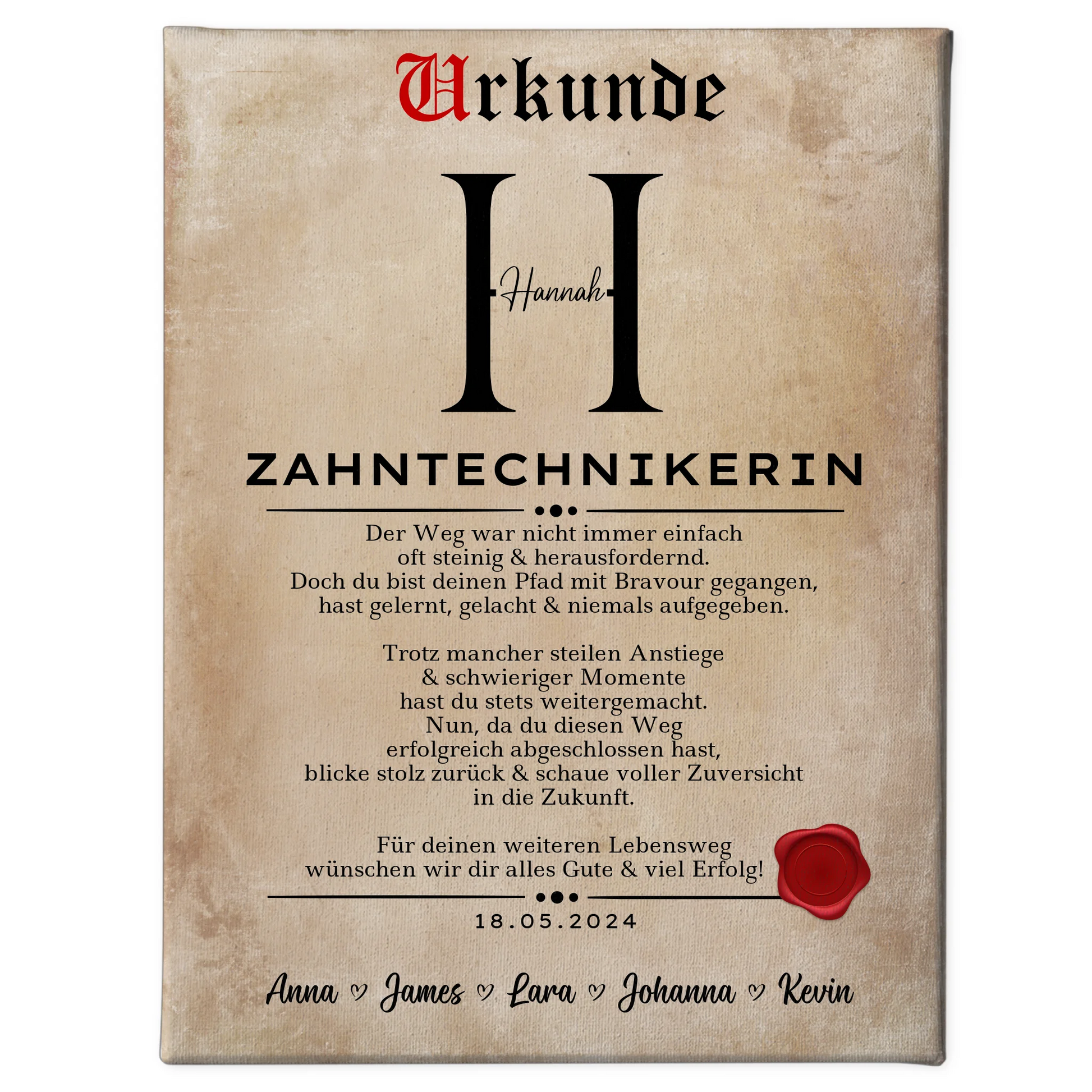 Geschenk Abschluss Ausbildung Zahntechnikerin Leinwand Urkunde 1