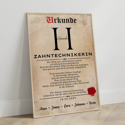 Geschenk Abschluss Ausbildung ZahntechnikerinPoster Urkunde