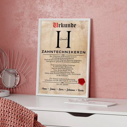 Geschenk Abschluss Ausbildung ZahntechnikerinPoster Urkunde
