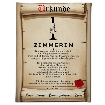 Ausbildungsabschluss Geschenk Zimmerin Leinwand Urkunde 1