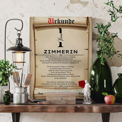 Ausbildungsabschluss Geschenk Zimmerin Leinwand Urkunde 3