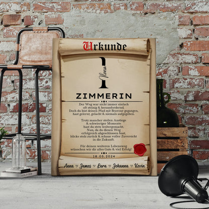 Ausbildungsabschluss Geschenk Zimmerin Leinwand Urkunde 4