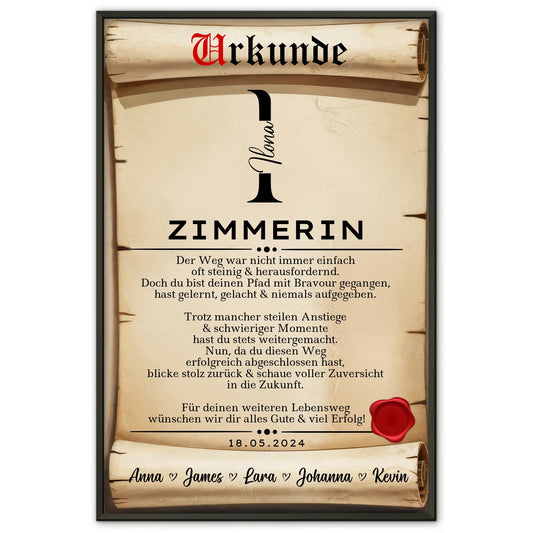 Poster Urkunde Ausbildungsabschluss Geschenk Zimmerin