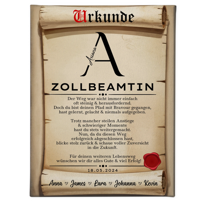 Geschenk Zum Abschluss Ausbildung Zollbeamtin Leinwand Urkunde 1
