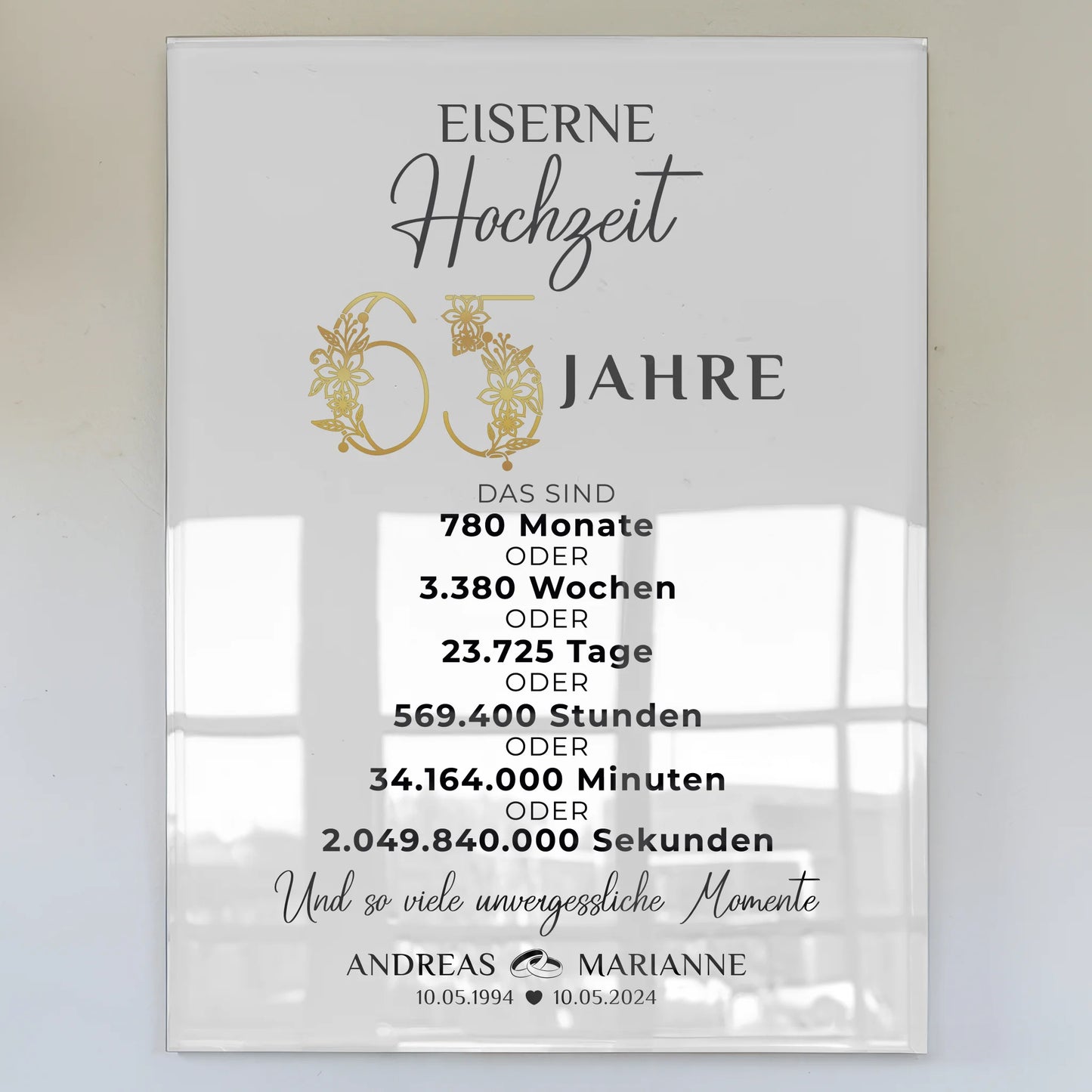 Acrylglas Bild Geschenk für 65 Hochzeitstag zur Eisernen Hochzeit Momente